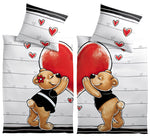 Partnerbettwäsche Weiß mit Bären & Herz-Design 135x200 cm Mit Reißverschluss & Kuschelig Weich