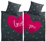 Partnerbettwäsche Love Schwarz mit Herz-Design 135x200 cm Mit Reißverschluss & Kuschelig Weich