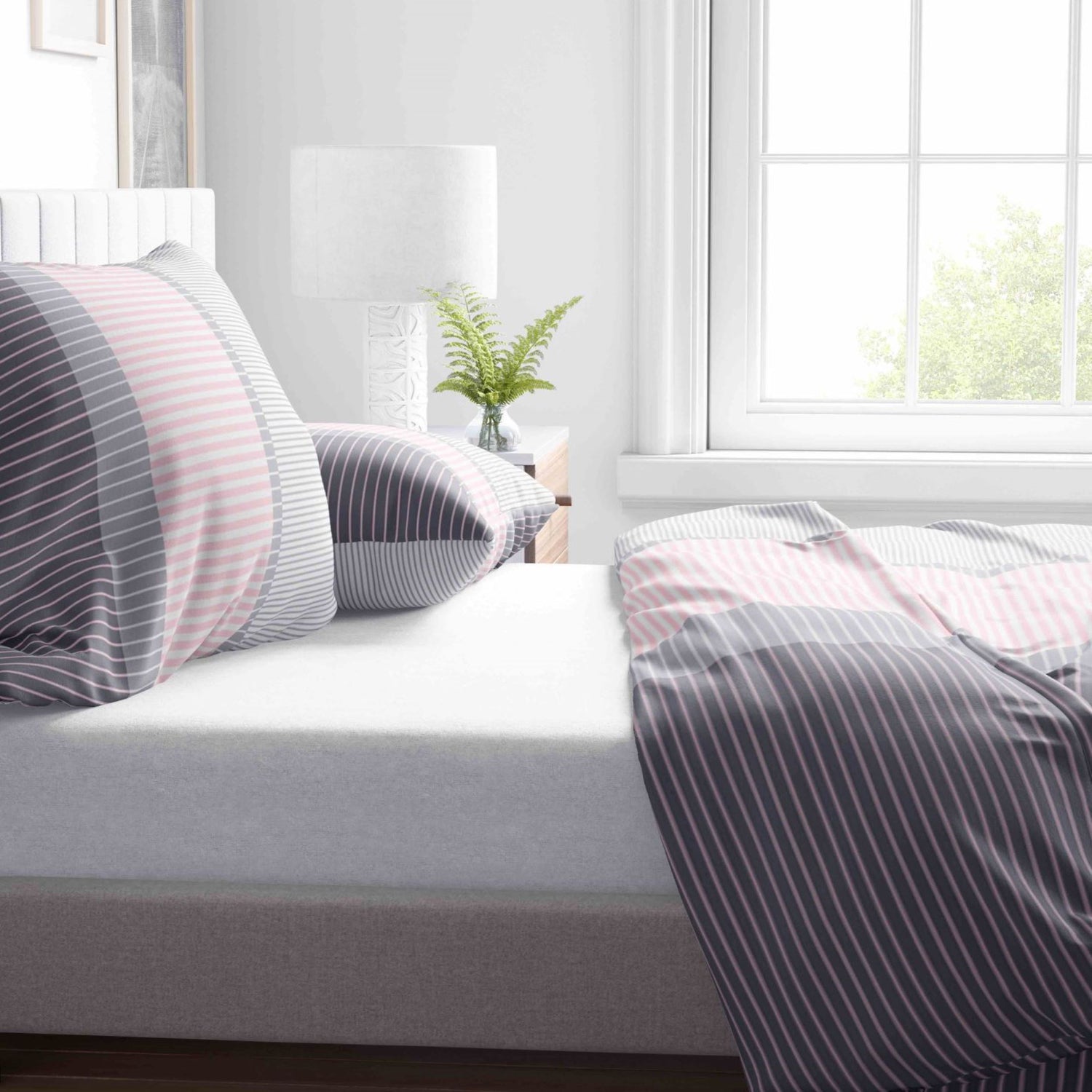 Bettwäsche Rosa Grau Gestreift mit verdecktem Reisverschluss In Verschiedenen Größen