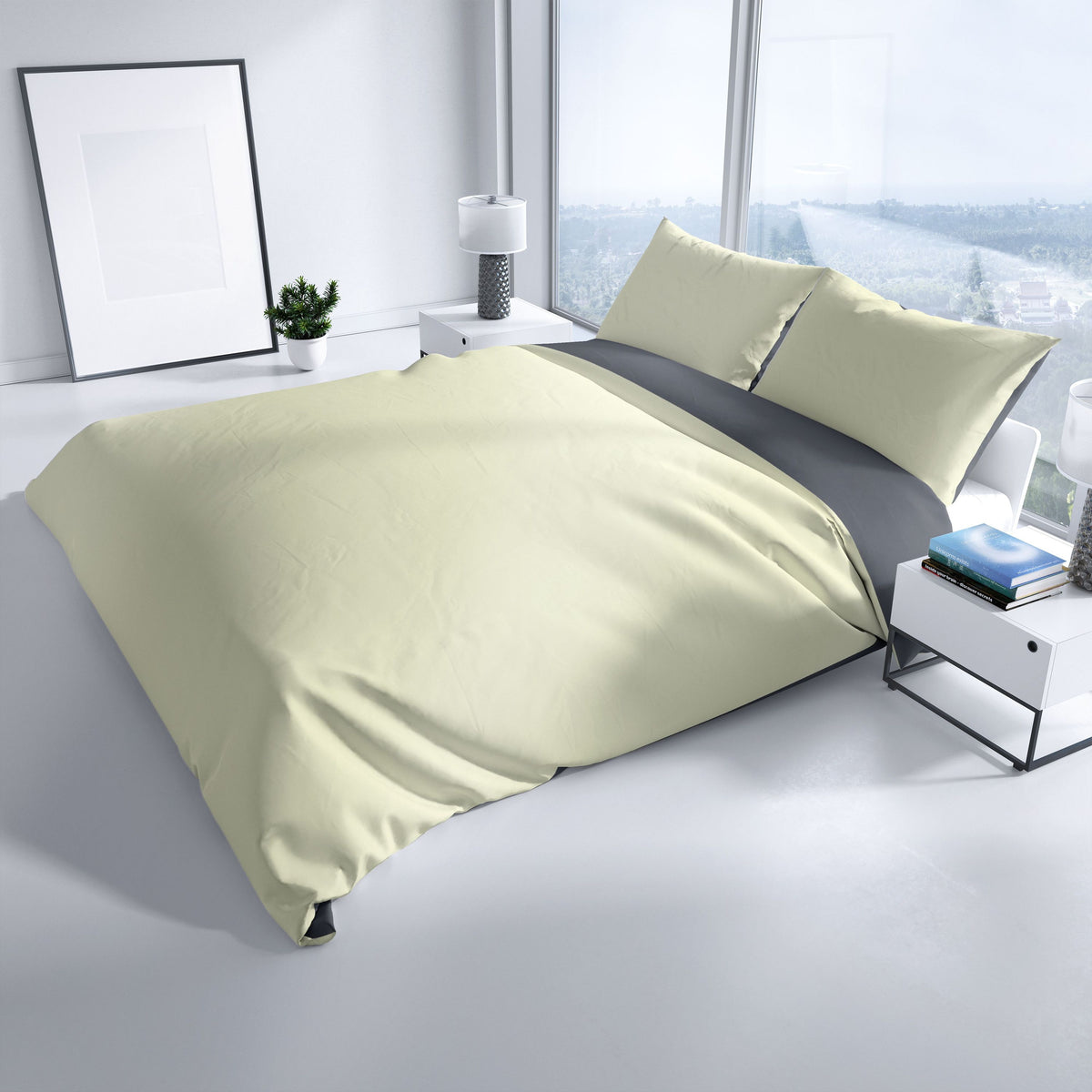 Elegante Baumwoll-Satin Bettwäsche Beige & Anthrazit im modernen Schlafzimmer