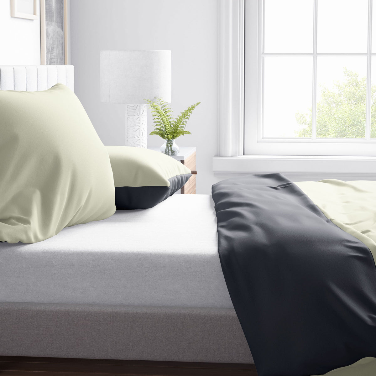 Beidseitig nutzbare Wendebettwäsche Beige-Anthrazit mit verdecktem Reißverschluss