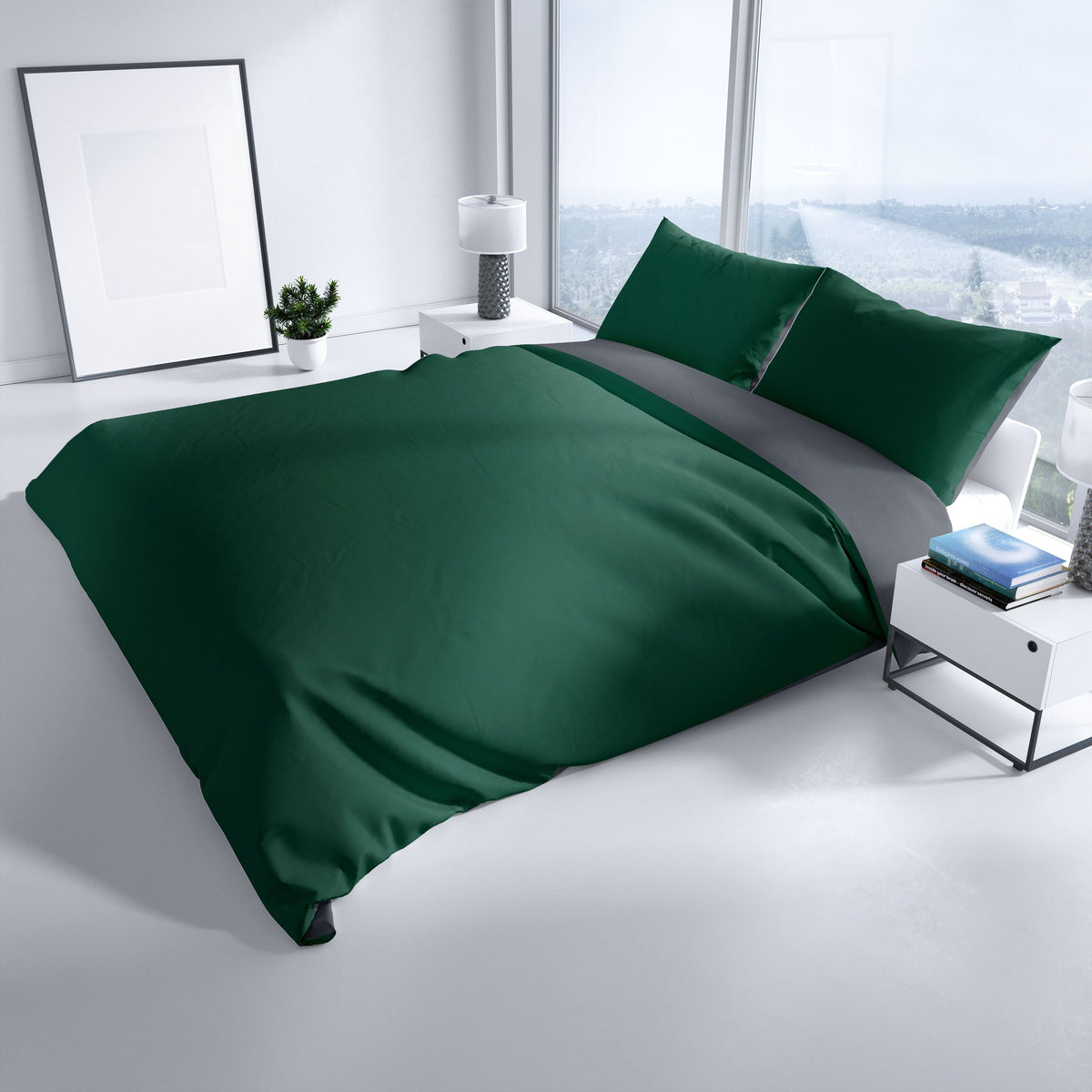 Modernes Schlafzimmer mit Baumwoll-Wendebettwäsche in Grün & Anthrazit – 100% Baumwolle, atmungsaktiv und pflegeleicht