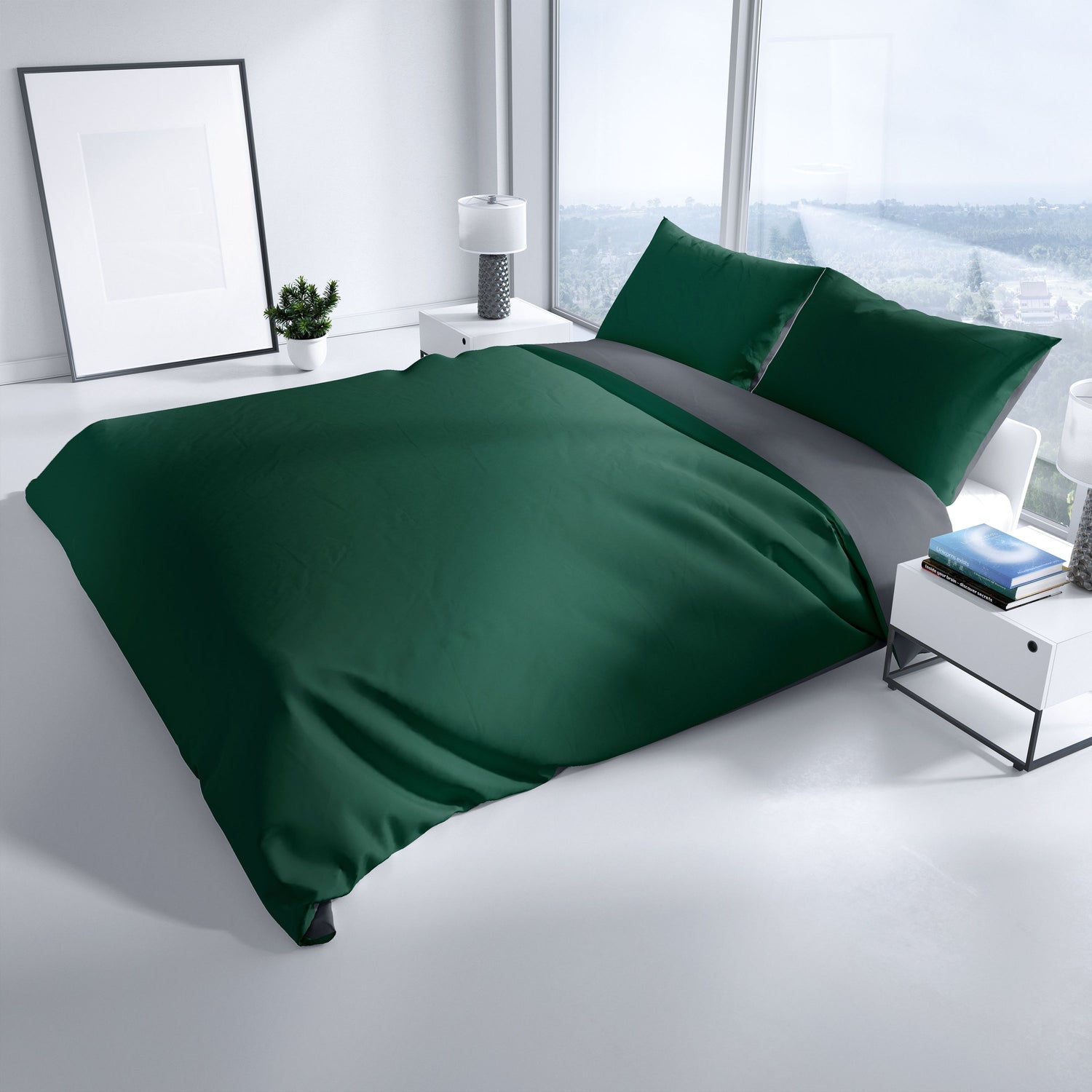 Modernes Schlafzimmer mit Baumwoll-Wendebettwäsche in Grün & Anthrazit – 100% Baumwolle, atmungsaktiv und pflegeleicht