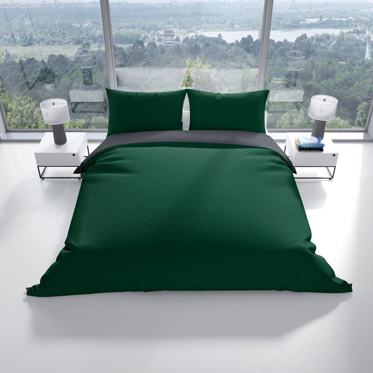 Bett mit hochwertiger Baumwoll-Wendebettwäsche in Grün & Anthrazit von Leonado Vicenti – stilvolle Farbgebung & elegantes Design