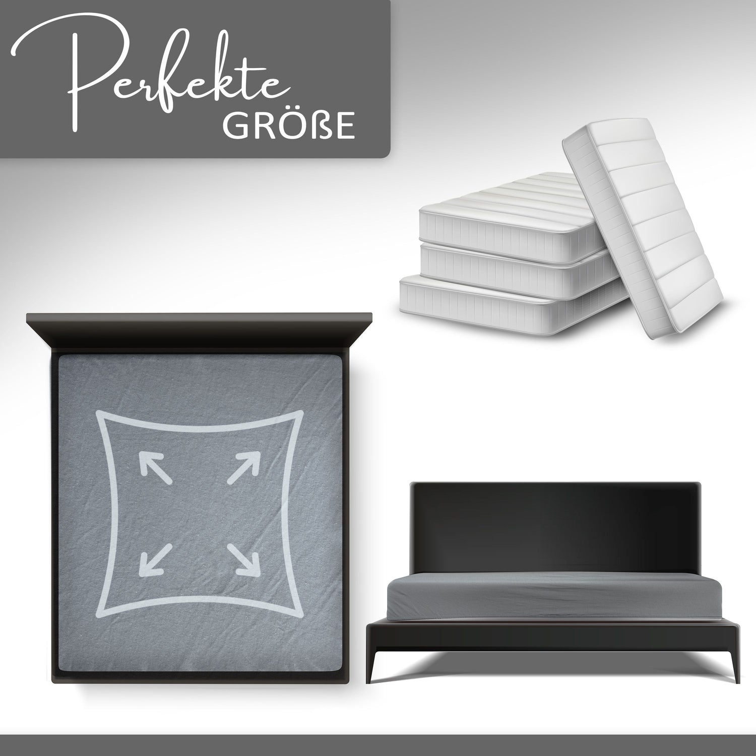 Jersey Spannbettlaken 100% Baumwolle, Wählbare Größe, Grau, Einfarbig mit Rundumgummi