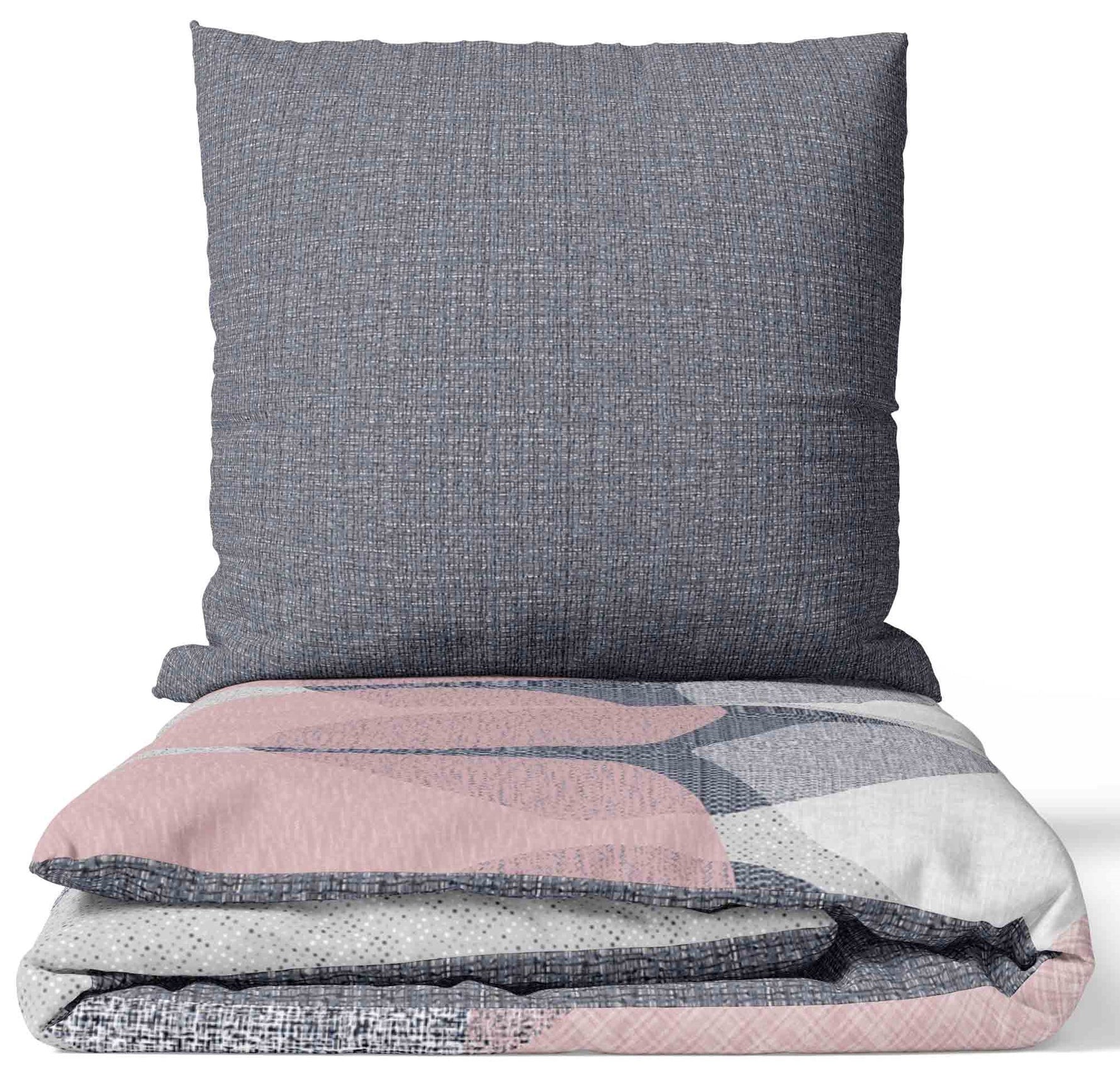 "Zusammengelegtes Bettwäsche-Set aus 100% Baumwolle Renforce in Grau und Rosa mit Kreis Design, bestehend aus Bettbezug und Kissenbezug, präsentiert auf weißem Hintergrund."