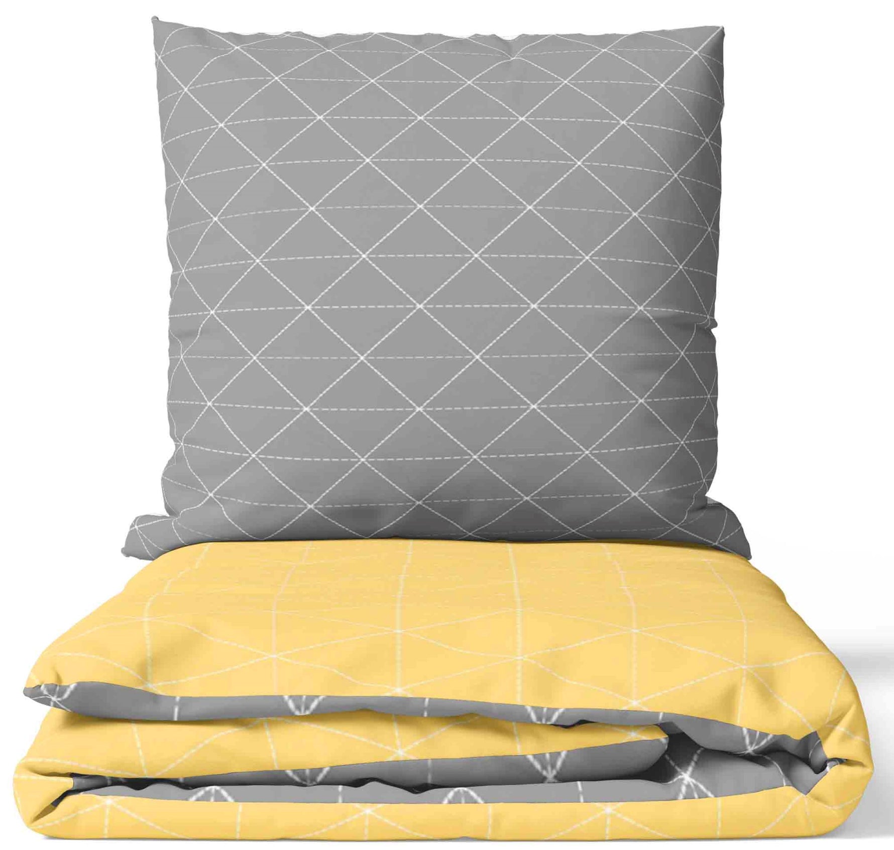 "Zusammengelegtes Bettwäsche-Set aus 100% Baumwolle Renforce in Gelb und Grau mit geometrischem Design, bestehend aus Bettbezug und Kissenbezug, präsentiert auf weißem Hintergrund."
