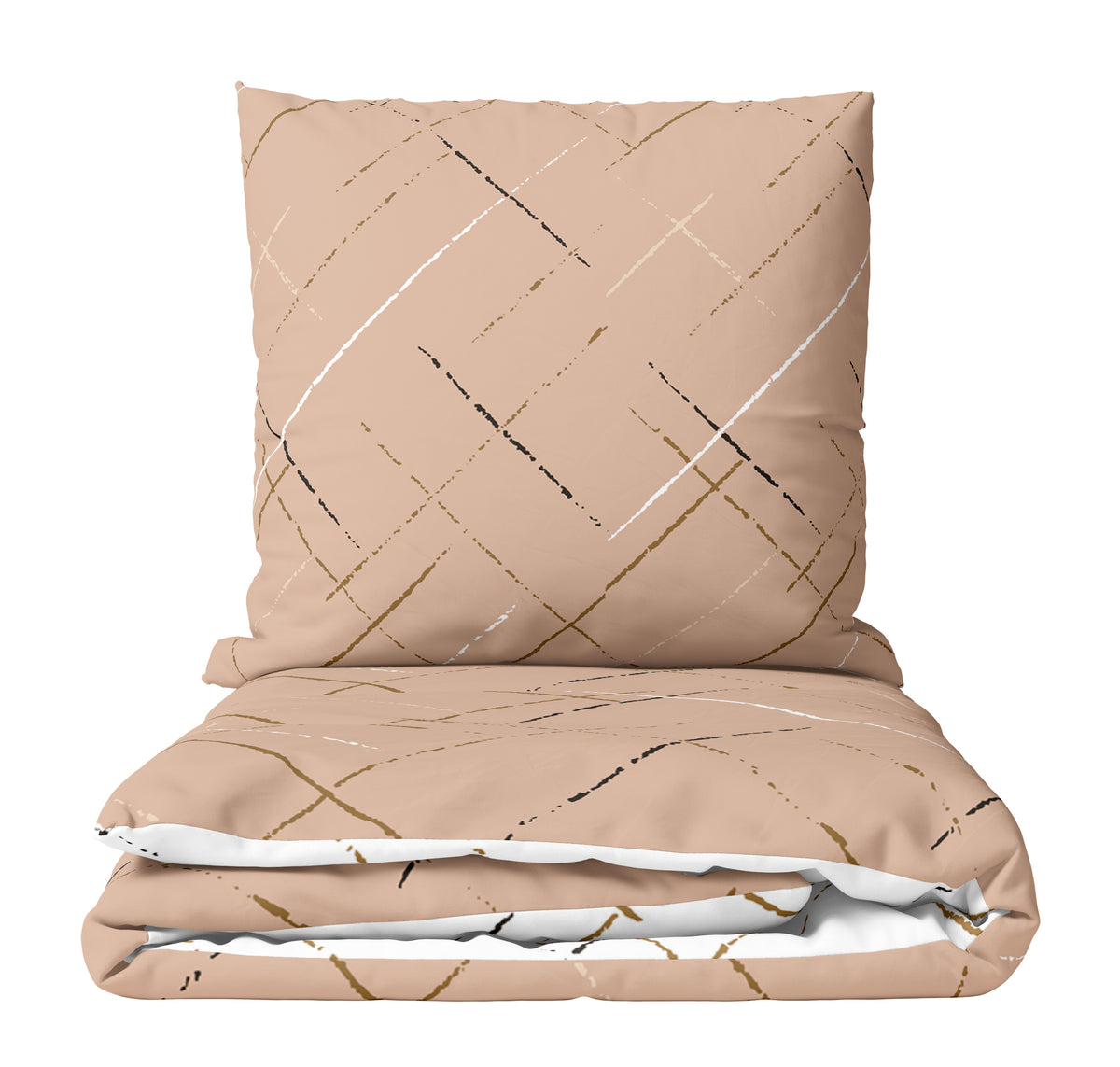 Wendebettwäsche in Beige und Weiß mit modernem Linienmuster auf einem Bett vor großem Fenster – stilvolles, elegantes Schlafzimmerdesign.