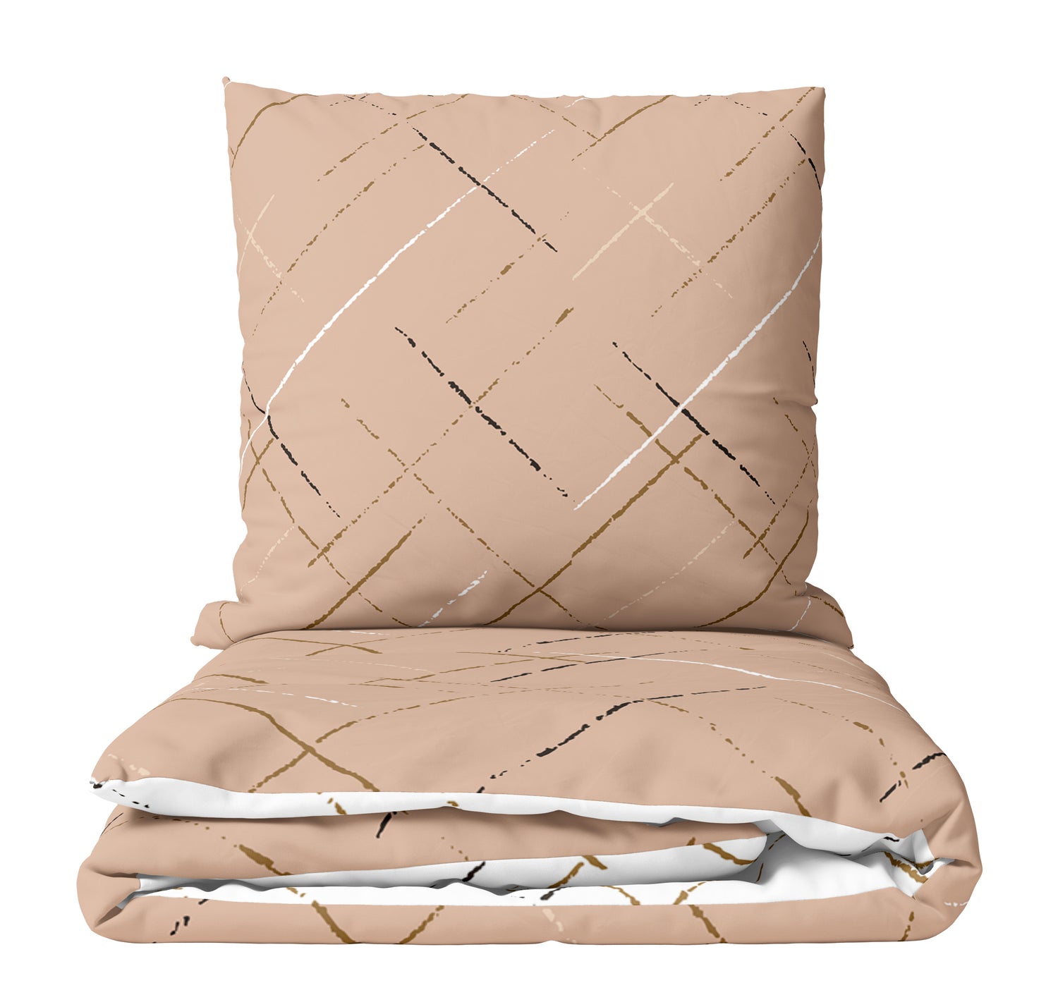 Wendebettwäsche in Beige und Weiß mit modernem Linienmuster auf einem Bett vor großem Fenster – stilvolles, elegantes Schlafzimmerdesign.