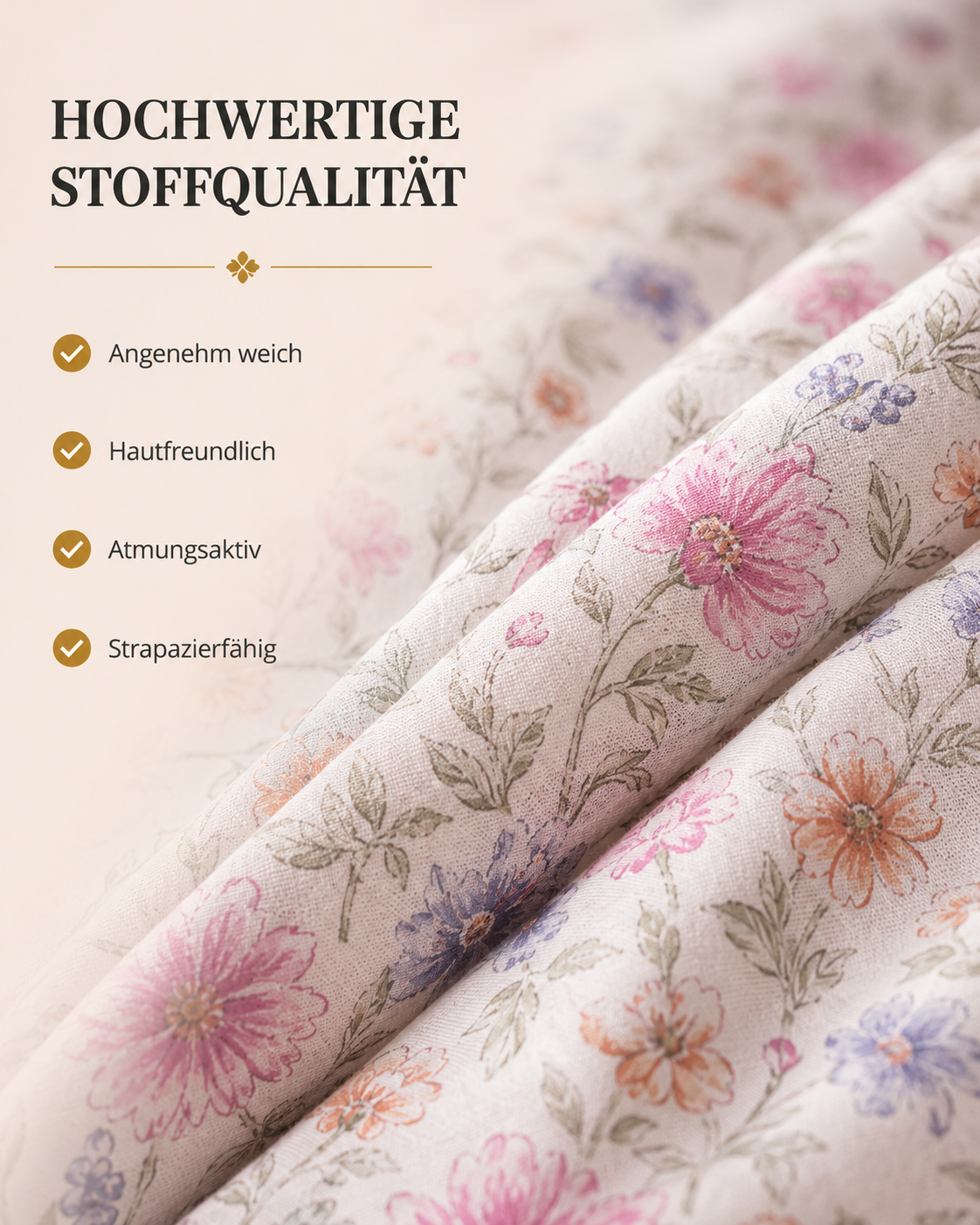 Baumwolle Wendebettwäsche Beige Rosa Blumen mit Verdecktem Reißverschluss Größe wählbar