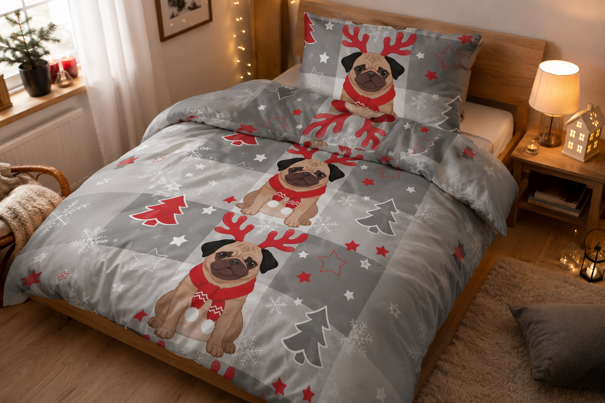 Feinbiber Weihnachten Bettwäsche Grau Hund mit Tannen 135x200 mit Verdecktem Reißverschluss