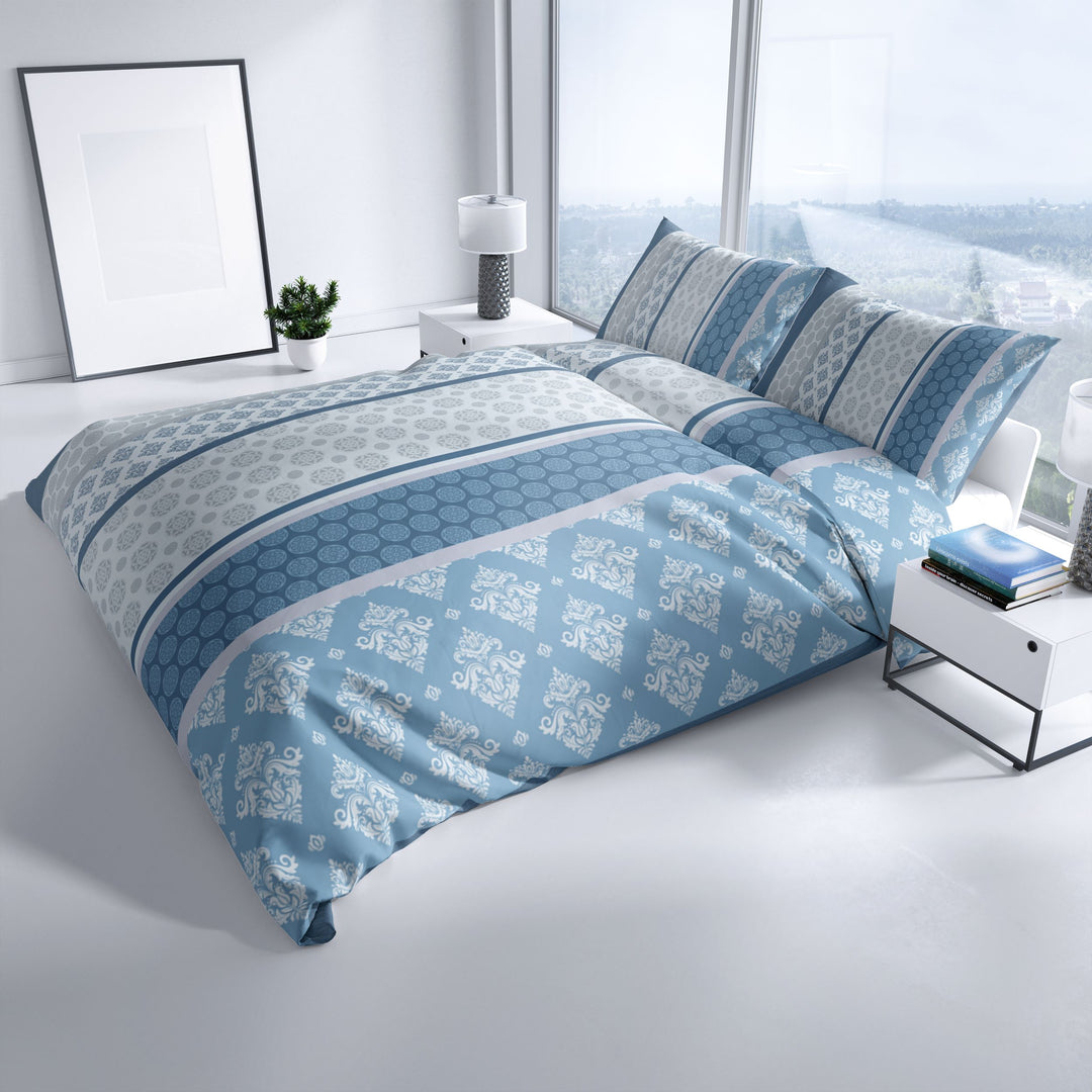 Elegante Feinbiber Bettwäsche in Blau mit edlem Ornamentdesign und Kreismuster – hautfreundlich und pflegeleicht
