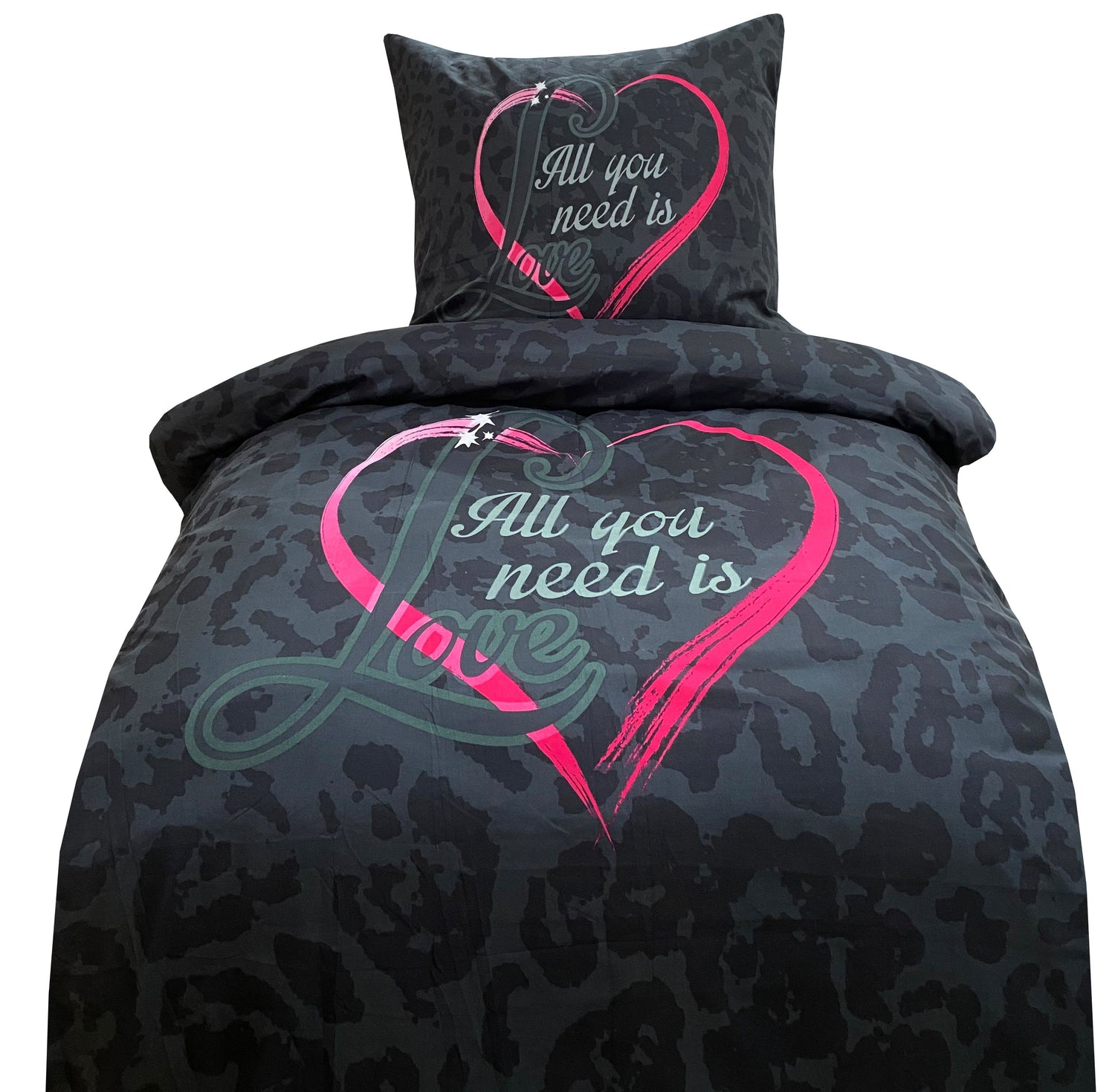 Microfaser-Bettwäsche in Schwarz mit Herzmotiv und Schriftzug "All You Need Is Love", Set bestehend aus Decken- und Kissenbezug