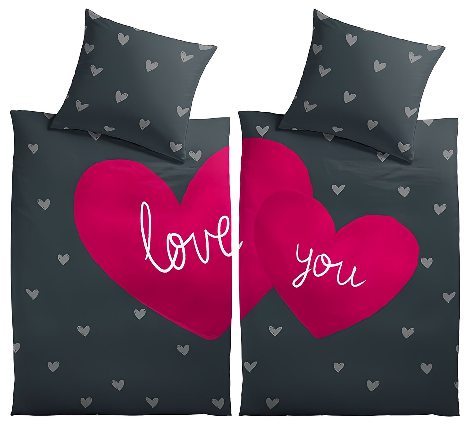 Partnerbettwäsche Love Schwarz mit Herz-Design 135x200 cm Mit Reißverschluss & Kuschelig Weich