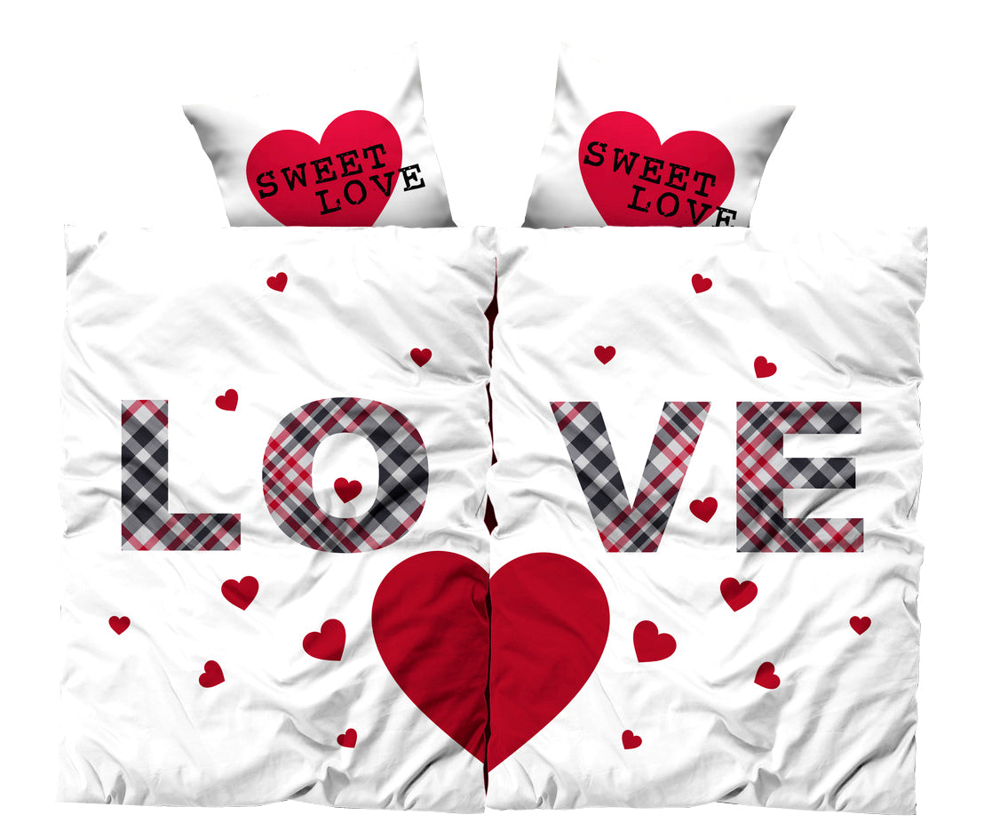 Partnerbettwäsche Weiß mit Herz & Karo-Design 135x200 cm Mit Reißverschluss & Kuschelig Weich