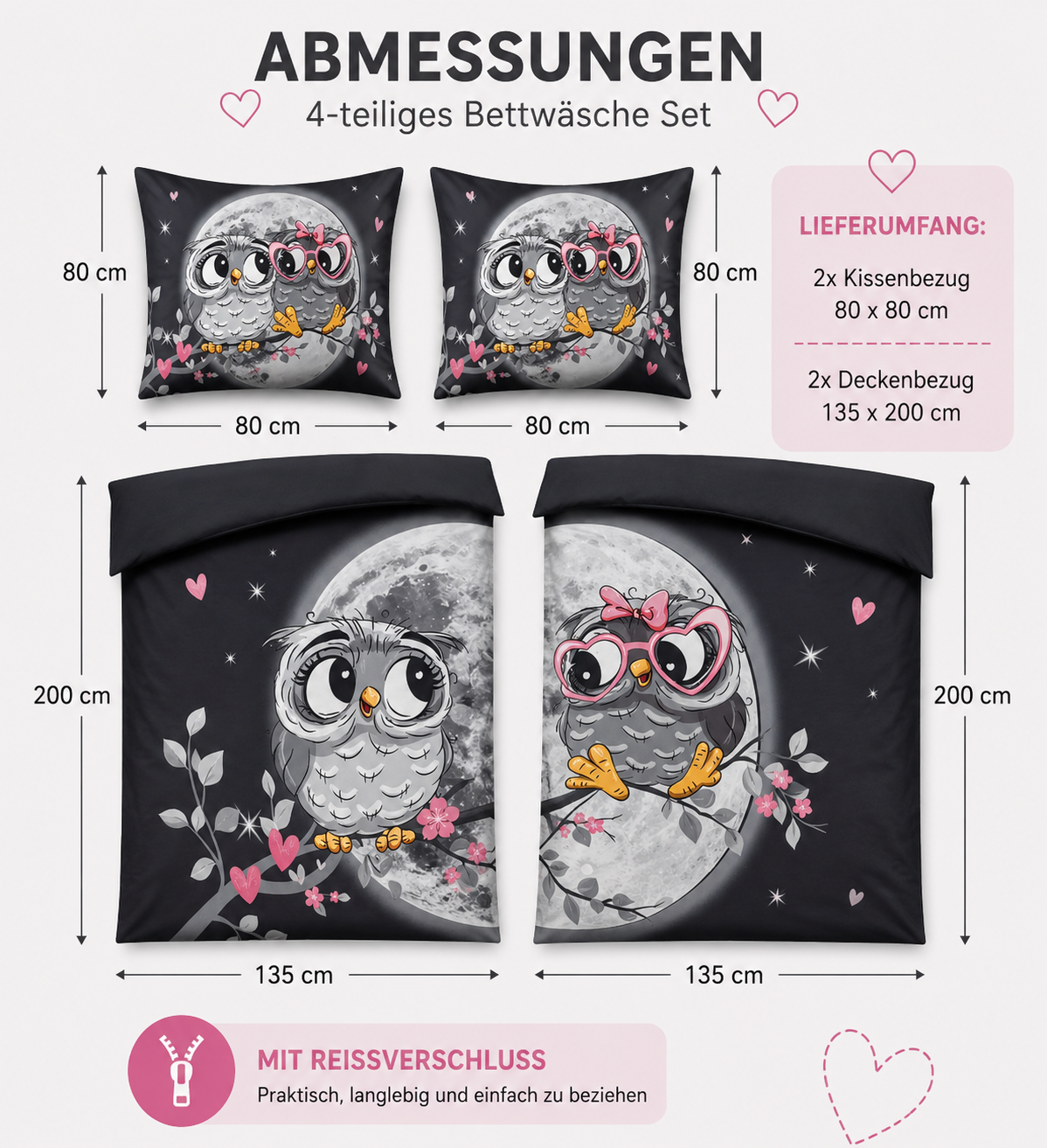 Partnerbettwäsche Grau Schwarz mit Eulen & Herz-Design 135x200 cm  Mit Reißverschluss 4tlg