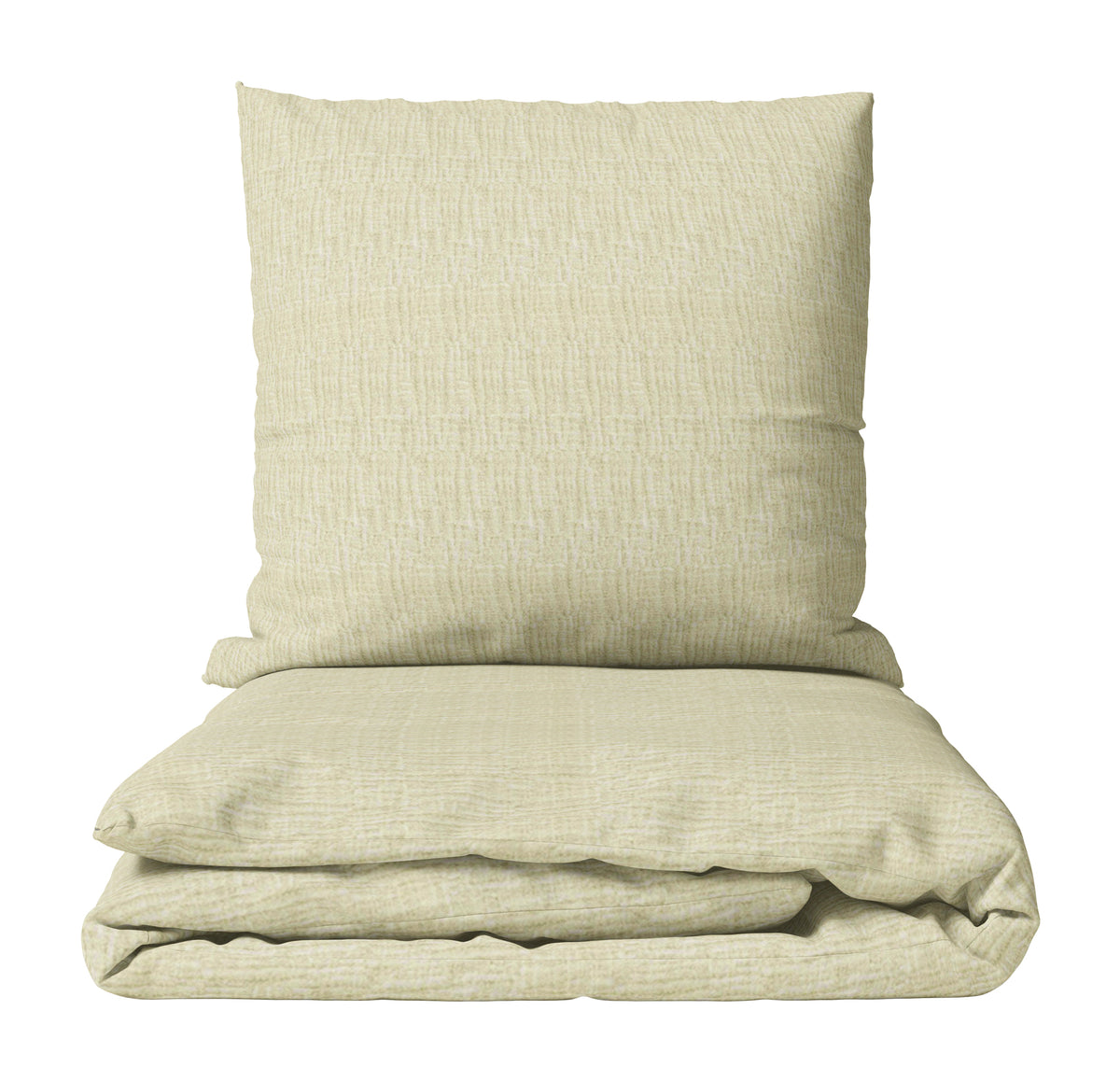 „Bettwäsche-Set in Beige mit feiner Struktur, bestehend aus gefaltetem Decken- und Kissenbezug.“