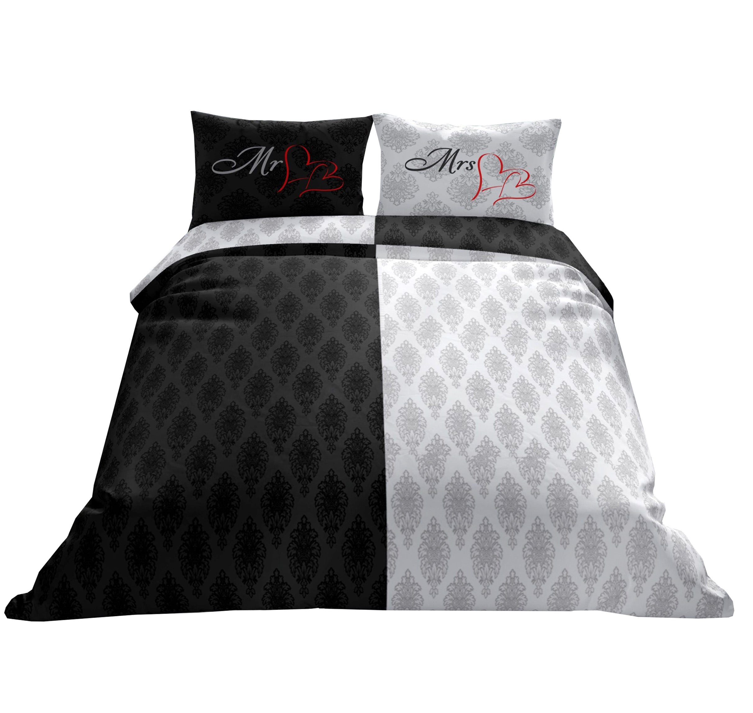 Partnerbettwäsche Mr & Mrs in Schwarz und Weiß mit Ornamentmuster und roten Herzmotiven – 4-teiliges Set mit Kissen und Deckenbezügen