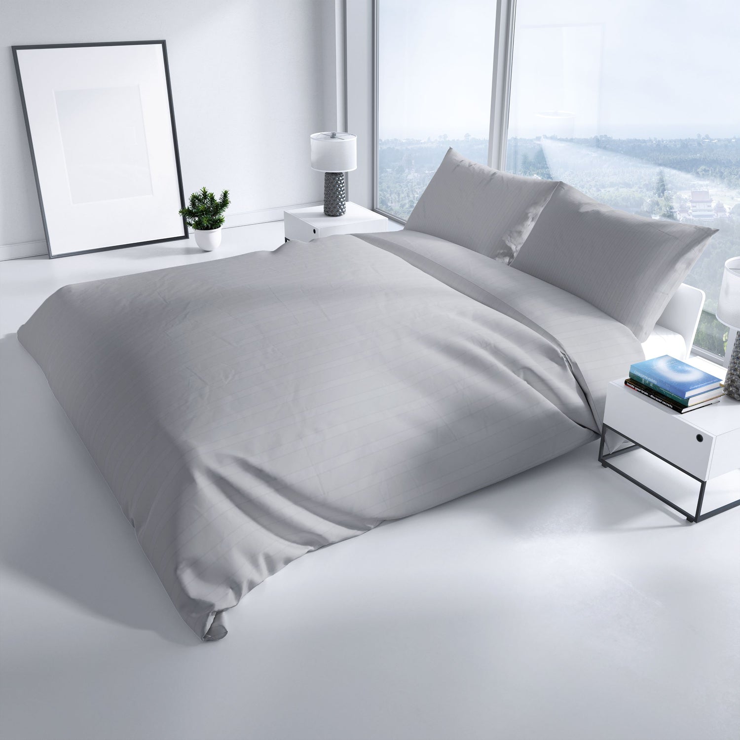 Modern eingerichtetes Schlafzimmer mit edler grauer Baumwolle-Damast Bettwäsche – zeitloses Design von Leonado Vicenti