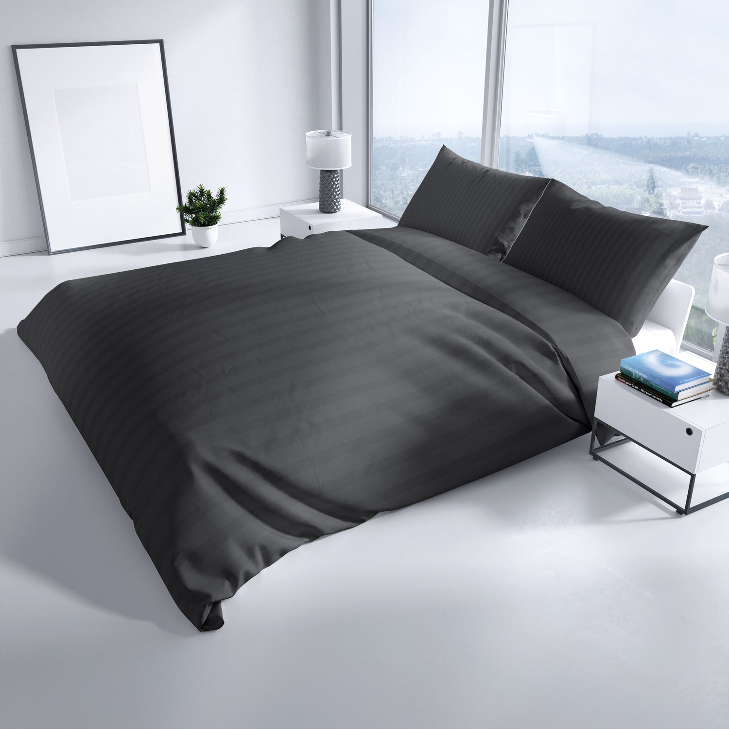 Modern eingerichtetes Schlafzimmer mit anthrazitfarbener Baumwoll-Bettwäsche im Damast-Look – stilvoll und luxuriös