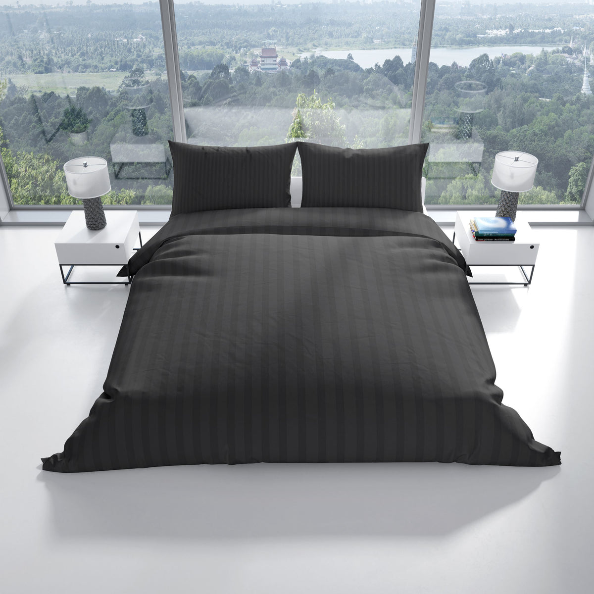 Komplettes Bett mit hochwertiger Baumwoll-Bettwäsche in Anthrazit – klassisch, elegant und pflegeleicht