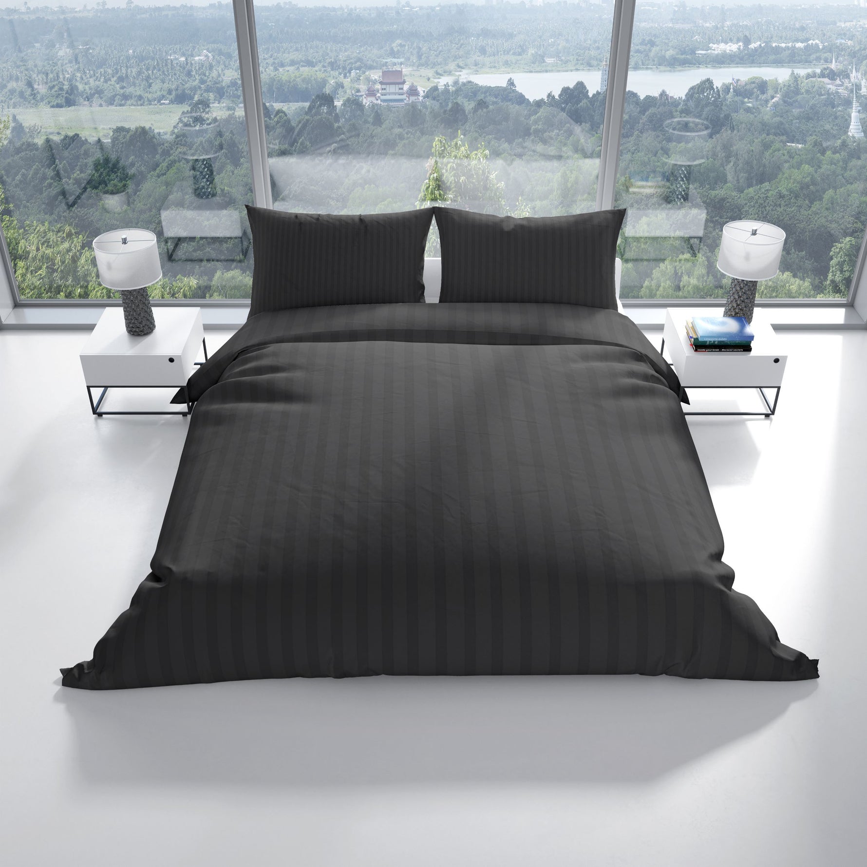 Komplettes Bett mit hochwertiger Baumwoll-Bettwäsche in Anthrazit – klassisch, elegant und pflegeleicht