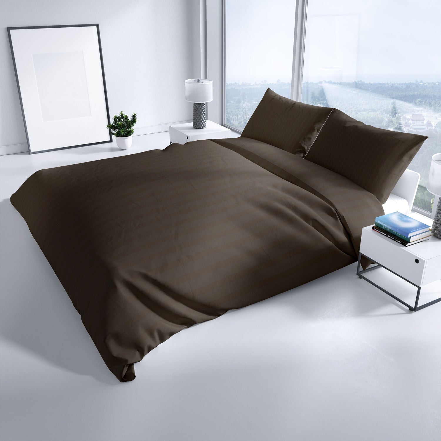 Modernes Schlafzimmer mit hochwertiger Baumwoll-Bettwäsche in Braun – gestreiftes Damastdesign für stilvolles Ambiente