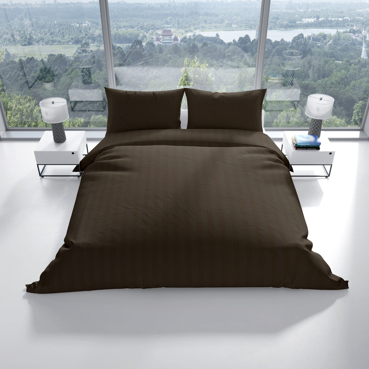 Komplettansicht brauner Baumwolle-Damast Bettwäsche – edel, gemütlich und perfekt für moderne Schlafzimmer