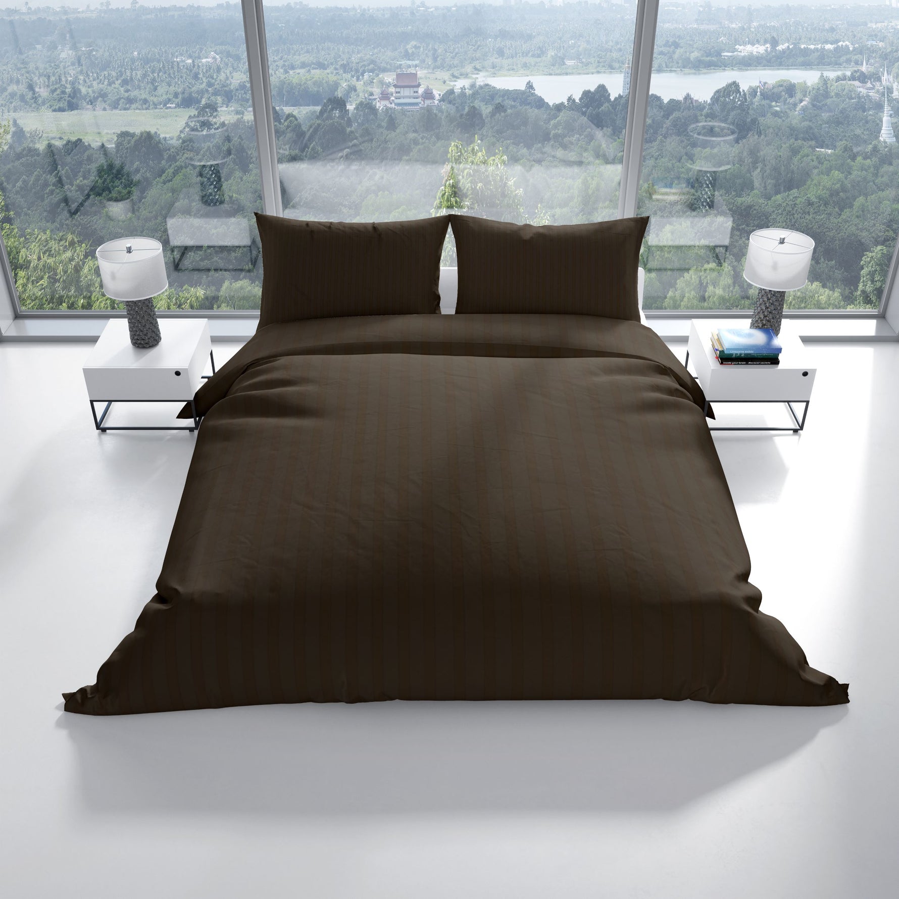 Komplettansicht brauner Baumwolle-Damast Bettwäsche – edel, gemütlich und perfekt für moderne Schlafzimmer