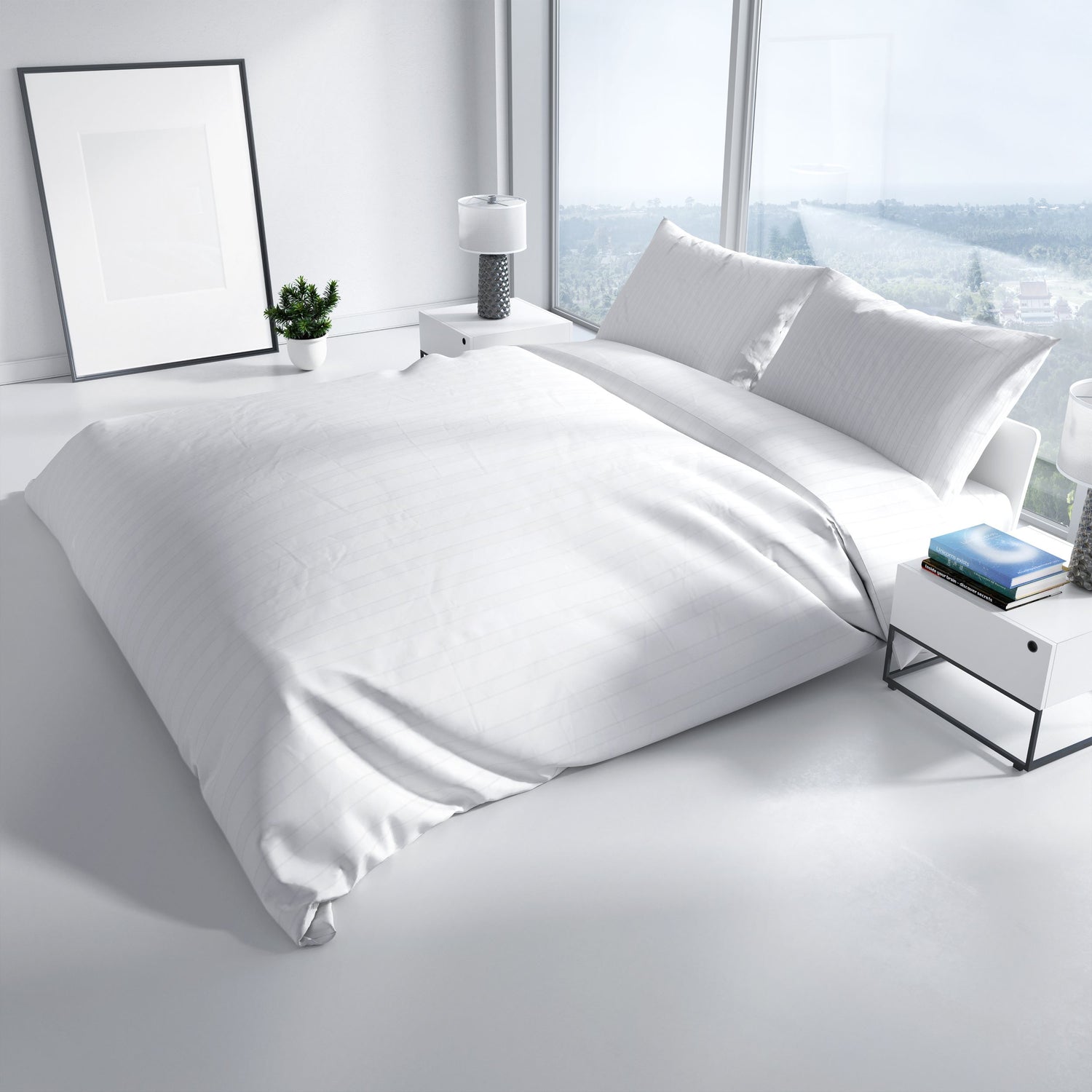 Modernes Schlafzimmer mit weiß Baumwoll-Bettwäsche mit Damastmuster – stilvolle und luxuriöse Atmosphäre