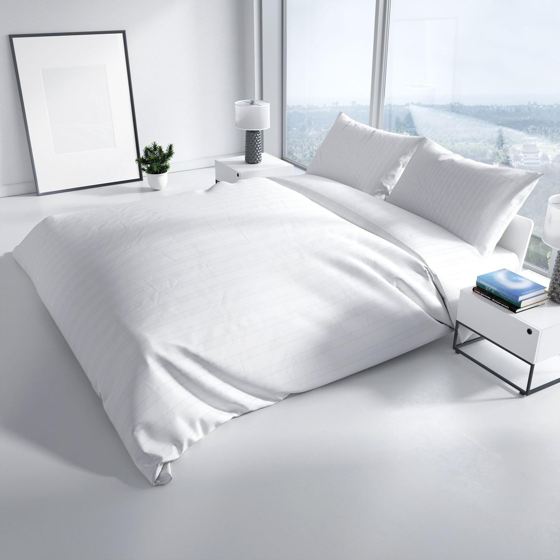 Modernes Schlafzimmer mit weiß Baumwoll-Bettwäsche mit Damastmuster – stilvolle und luxuriöse Atmosphäre