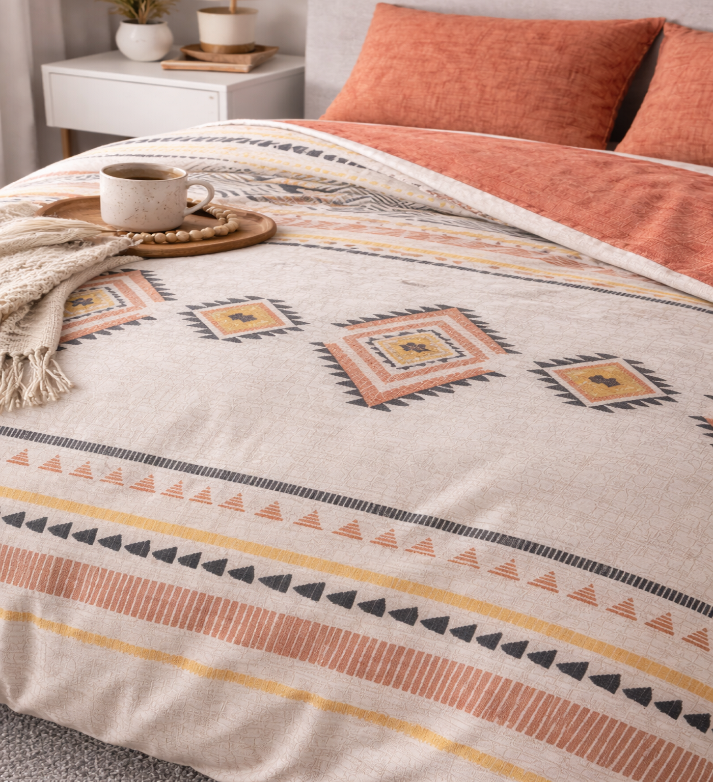 Baumwolle Wendebettwäsche Boho Terra Beige Mit Verdecktem Reißverschluss Größe Wählbar