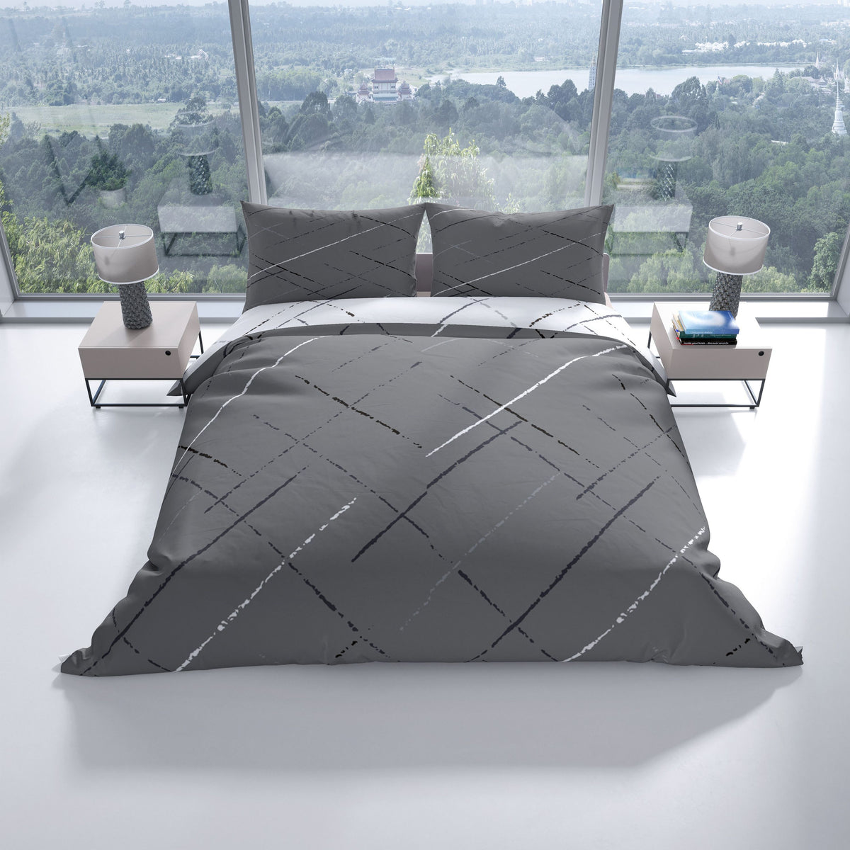 Baumwoll-Wendebettwäsche in Grau mit Rückseite in Weiß, aufgezogen auf Doppelbett mit stilvollem Linienmuster – moderne Schlafzimmerdeko