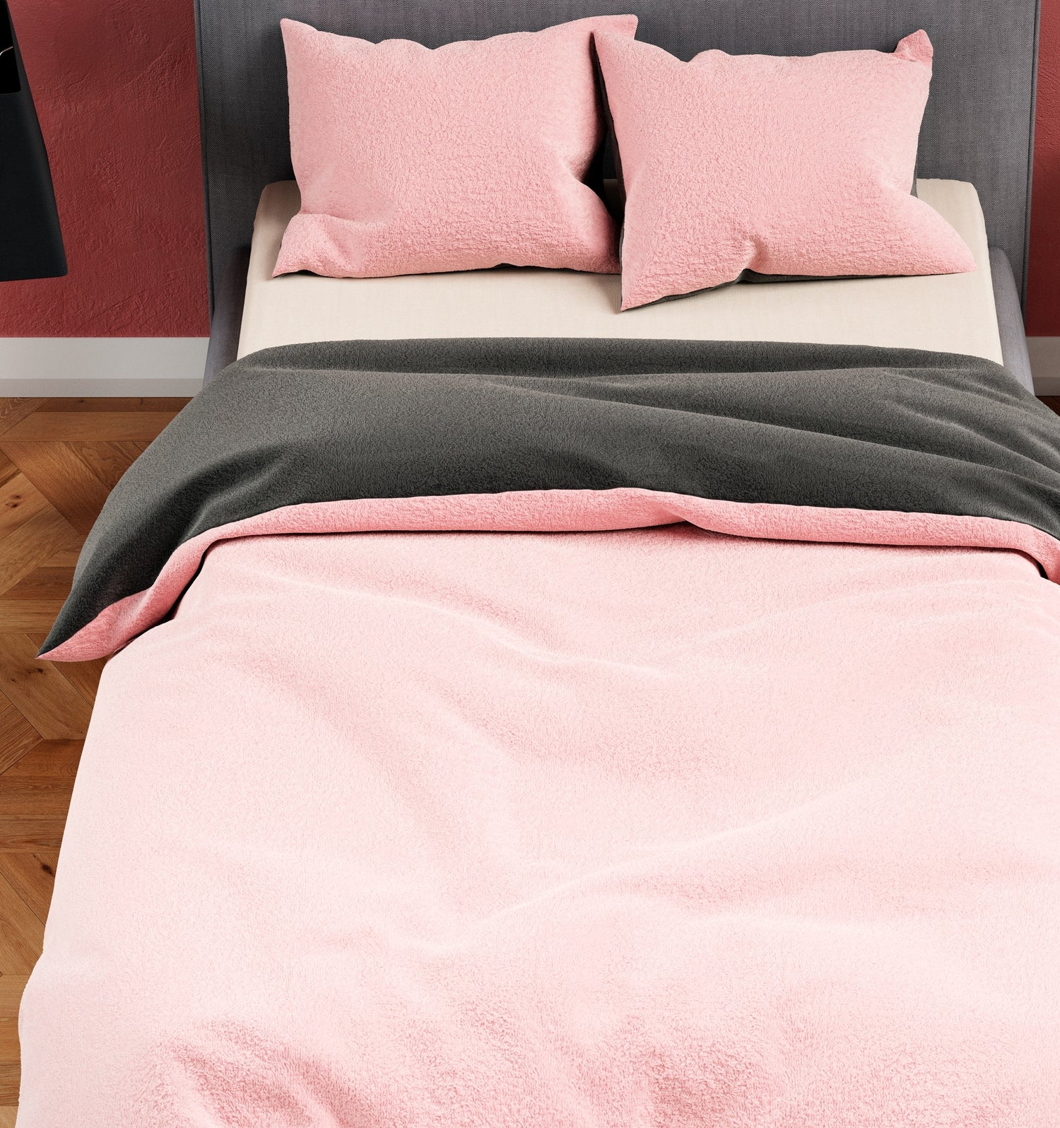 Teddyplüsch Bettwäsche Rosa Anthrazit, Modernes Einfarbiges Design mit Verdecktem Reißverschluss, Wählbare Größe