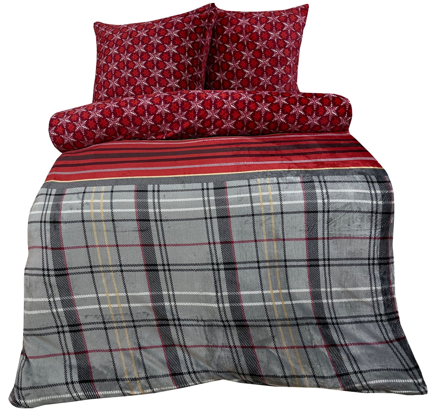 Teddyplüsch Bettwäsche Rot Grau, Flauschig, Sterne & Schneeflocken Design, in mehreren Größen